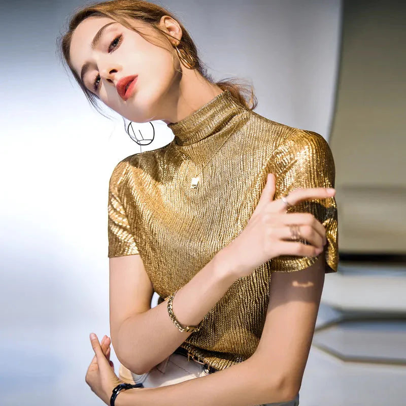 Noemie Crinkle Gold Short Sleeve Turtleneck Top