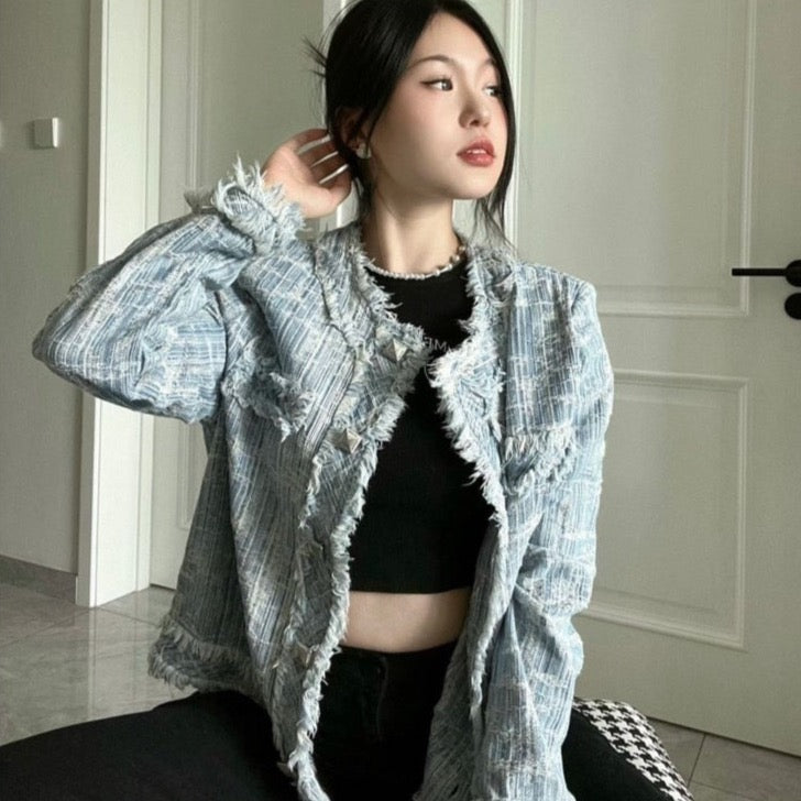 Nora Fringe Denim Tweed Jacket