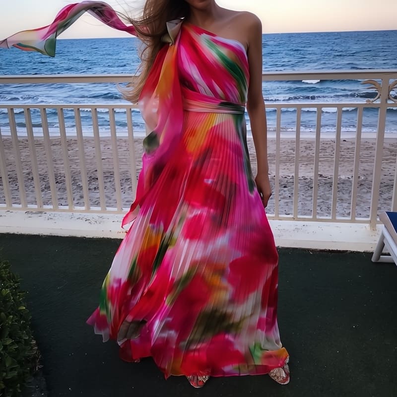 Rainbow Pleated Neck Maxi Dress