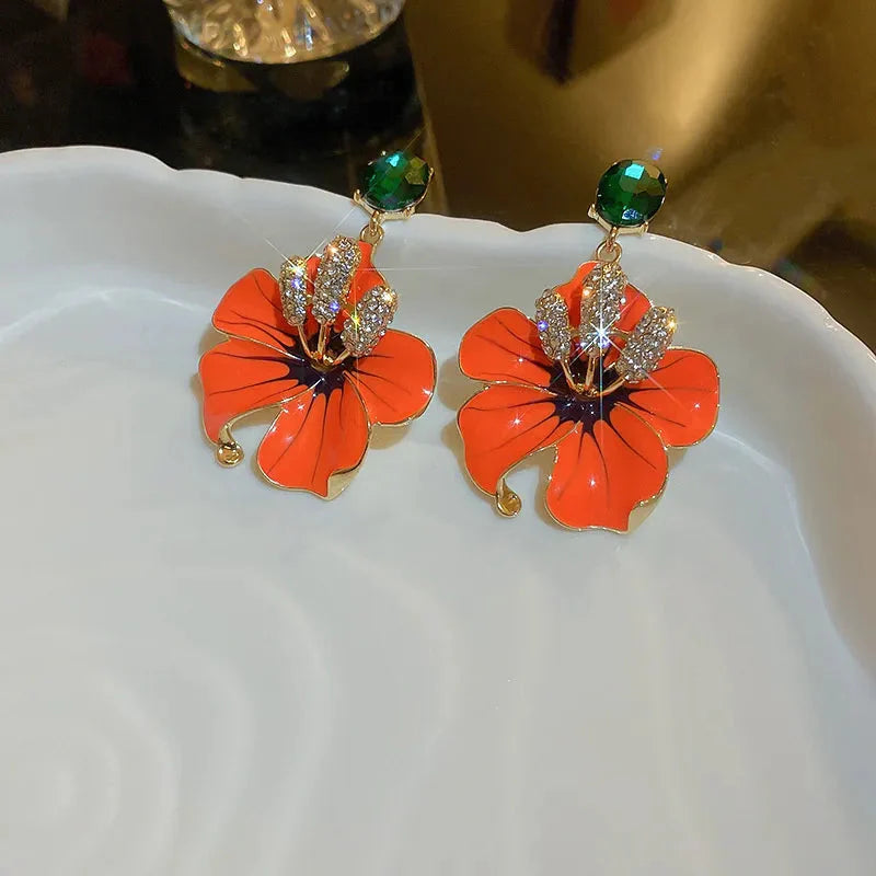 Orange Amaryllis Enamel Flowers Drop Earrings