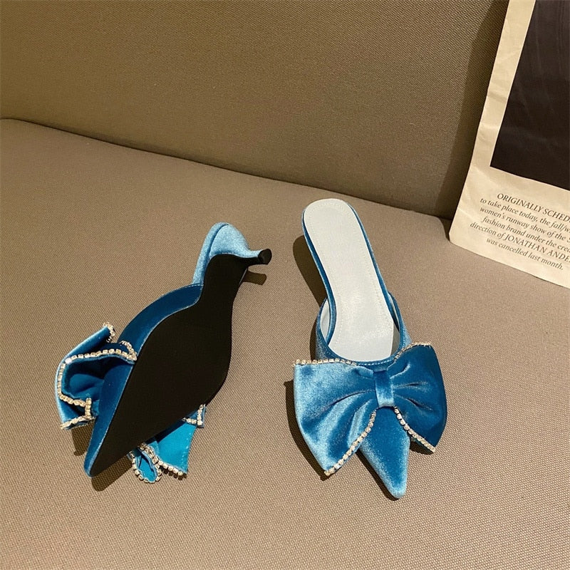 Paye Velvet Bow Tie Kitten Heel Sandals - 3 Colors