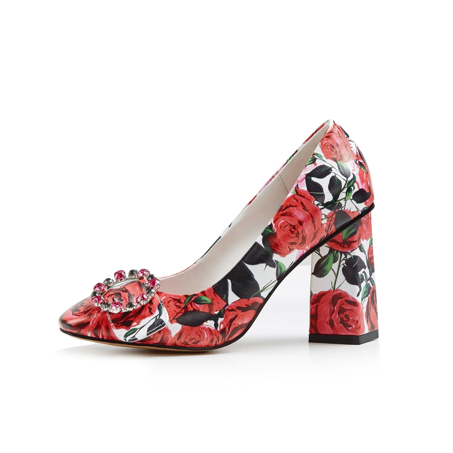 Rosa Rose Prints Pumps with Crystal Ring Buckle