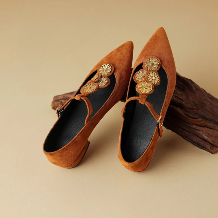 Fiona Applique T-Strap Suede Flats