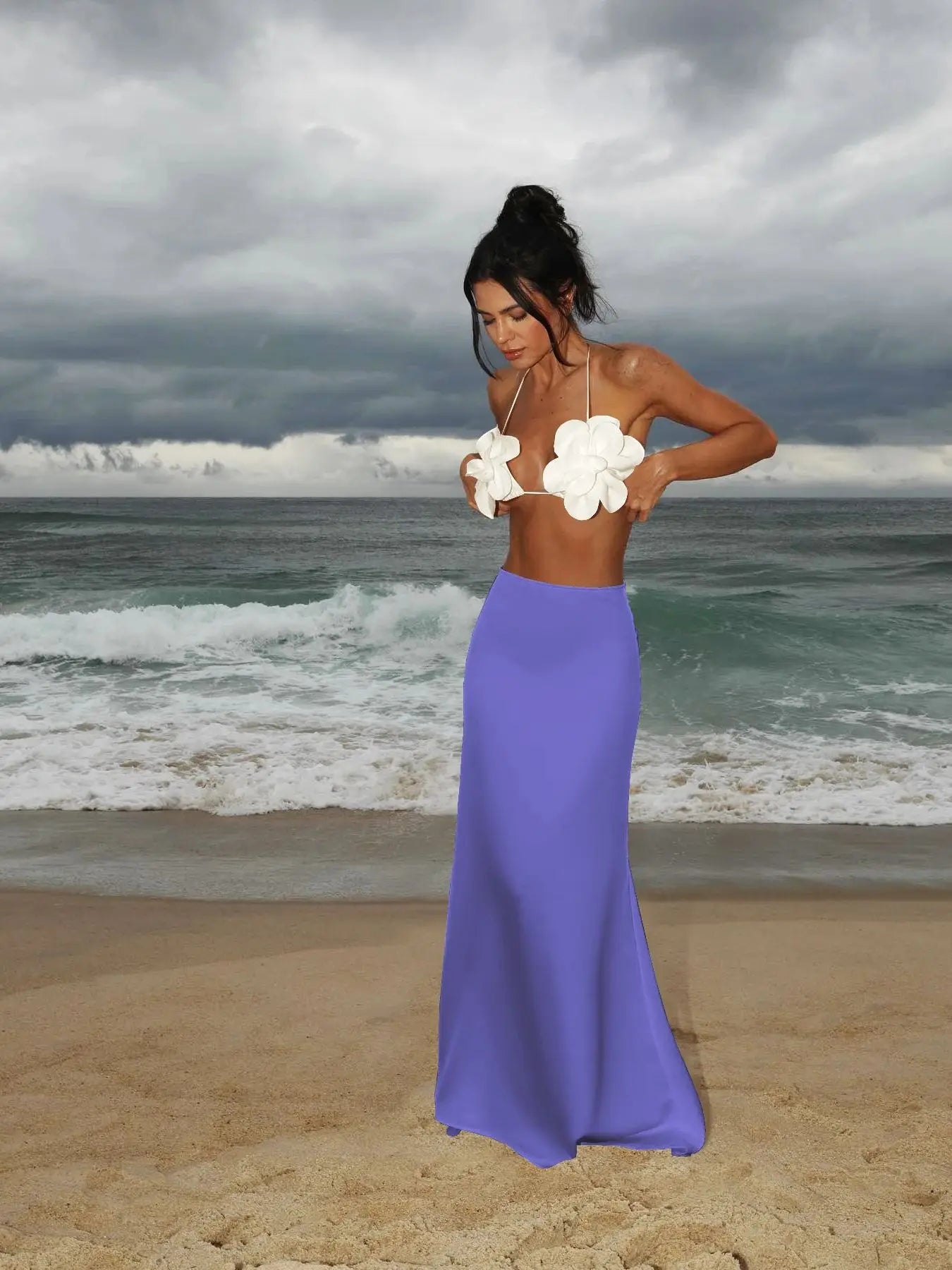 3D Flower Sleeveless Sweet Chic Slit Beach Two Piece Skirt Set