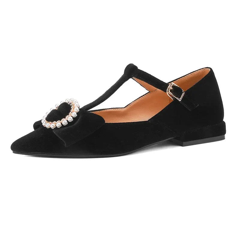 Sine Pearl Buckle Bow Velvet Mary Jane Flats