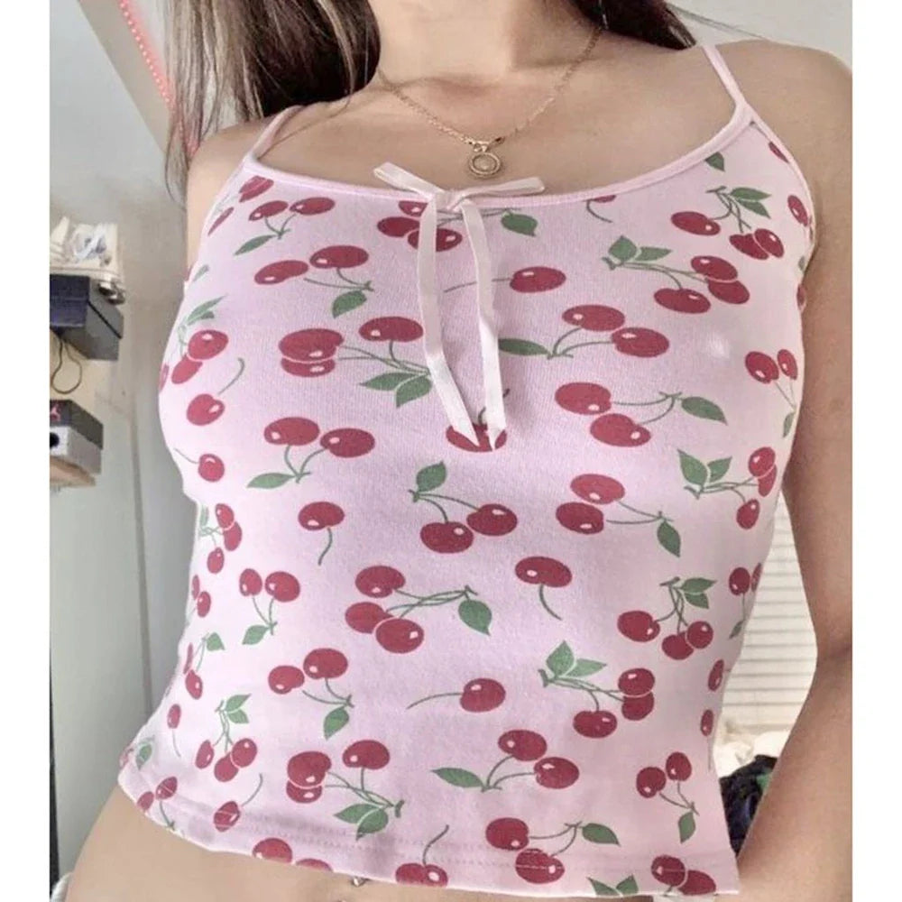 Y2K Cherry Print Adjustable Strap Slim Cami Top