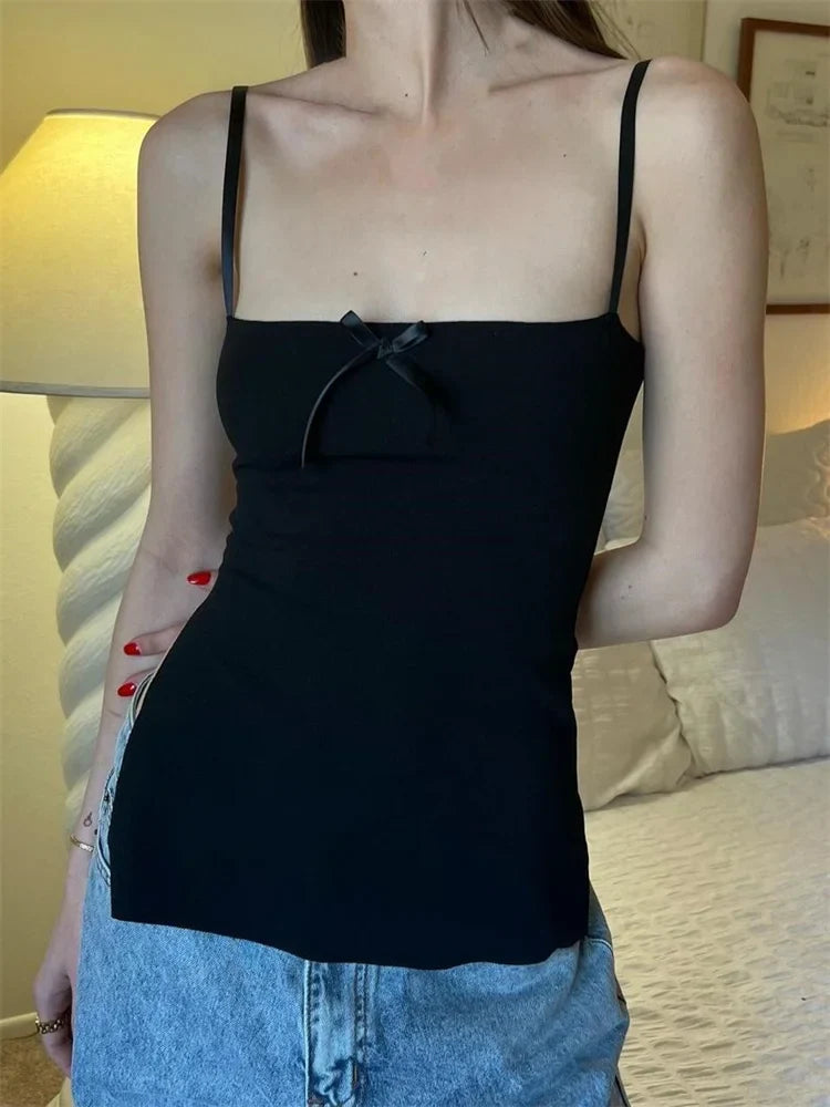 Slim Front Satin Bowknot Patchwork Spaghetti Strap Mini Vest Side Split Streetwear Crop Top