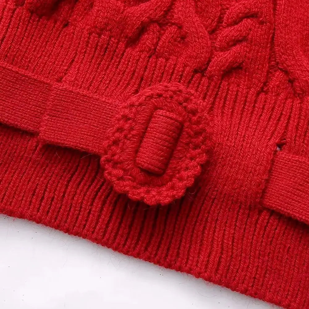 Rubina Red Cable Knit Belted Turtleneck Sweater