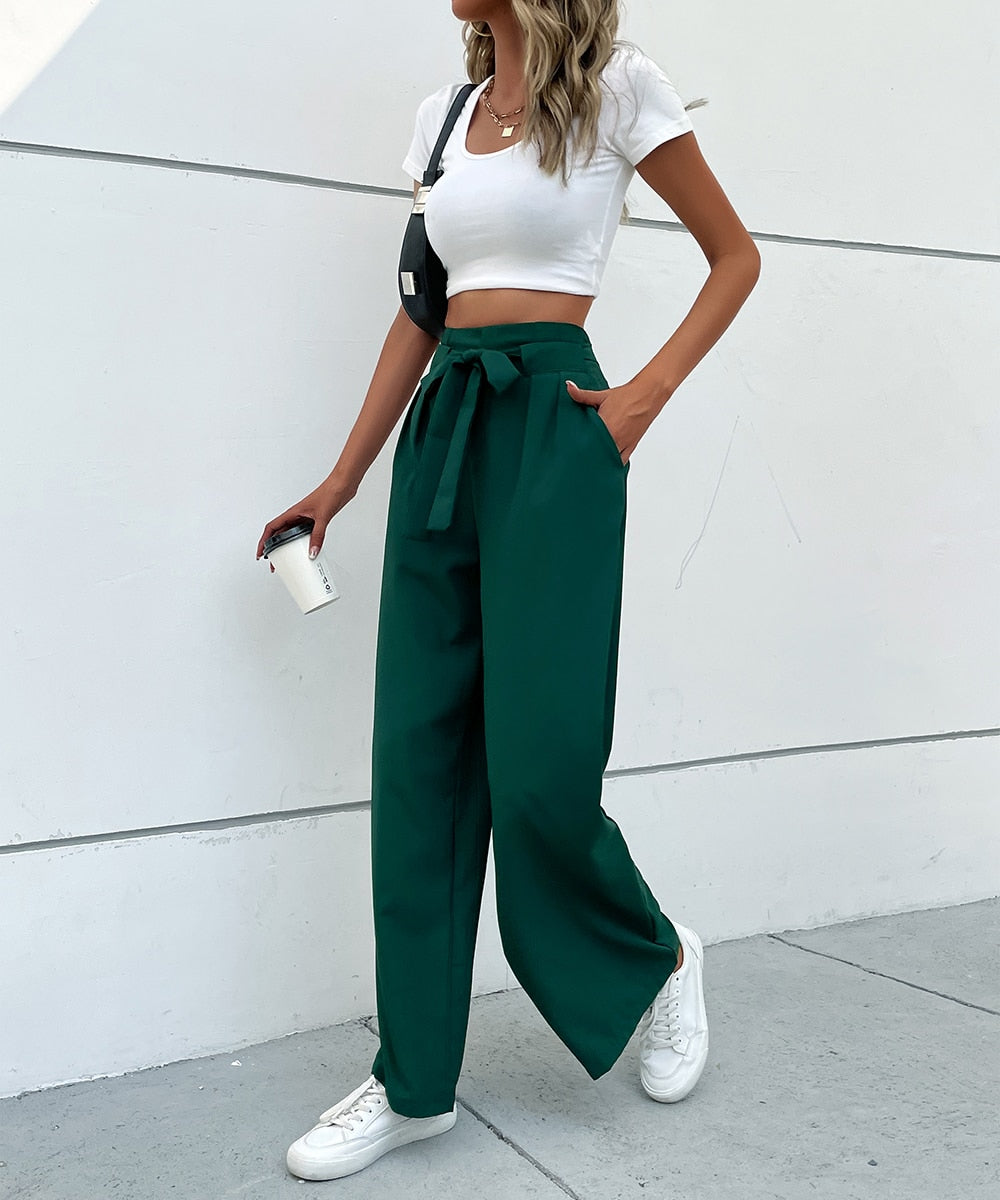 Solid Pleat Front Elegant Belted Pants