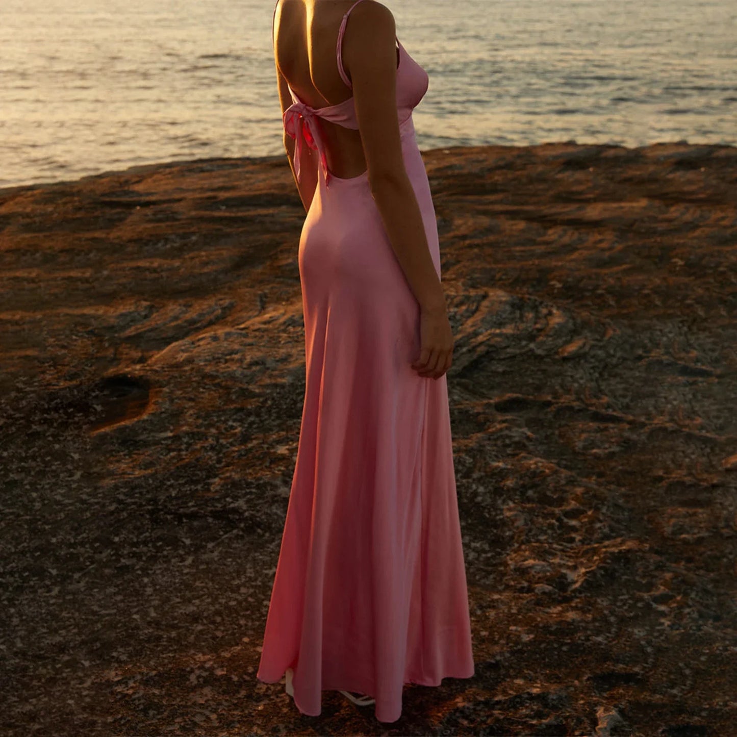 Cutout Tie-Up Silky Cami Maxi Dress