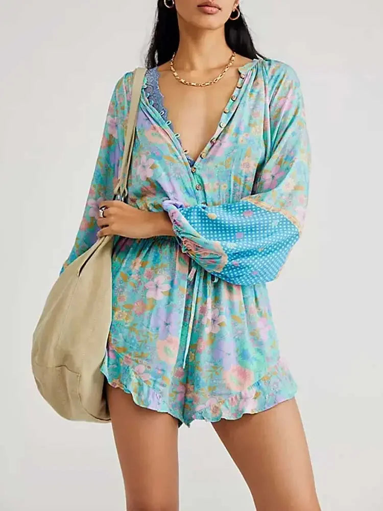 Floral Tie V-neck Long Sleeve Romper