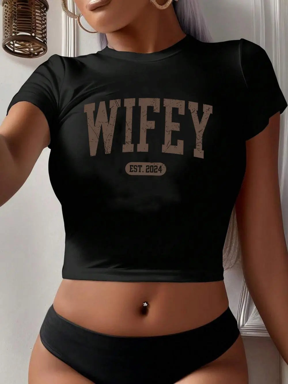Wifey Est.Letter Print Crop Top
