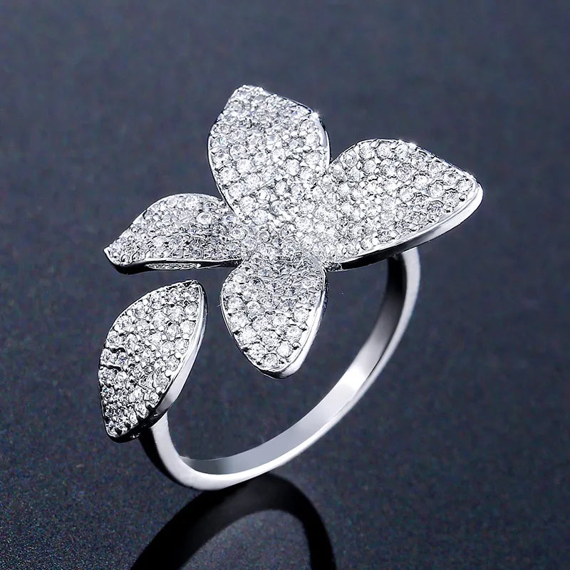 Rhinestone Flower Leaf Cocktail Rings