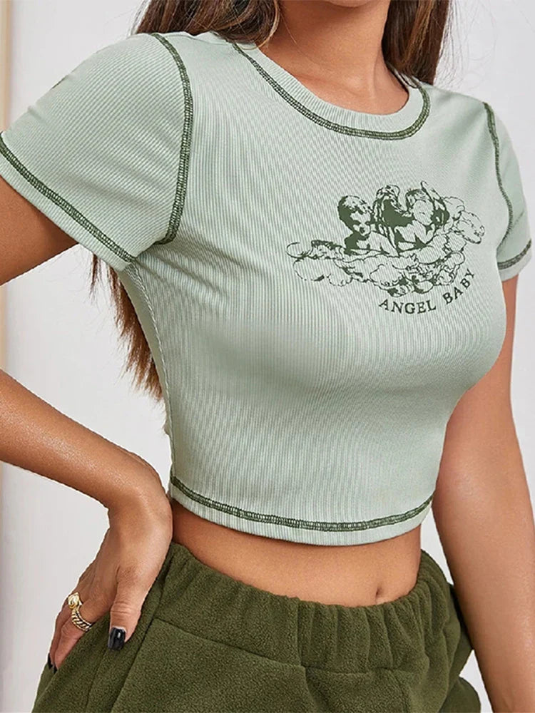 Angel Letter Printed Slim Fit Crop Top