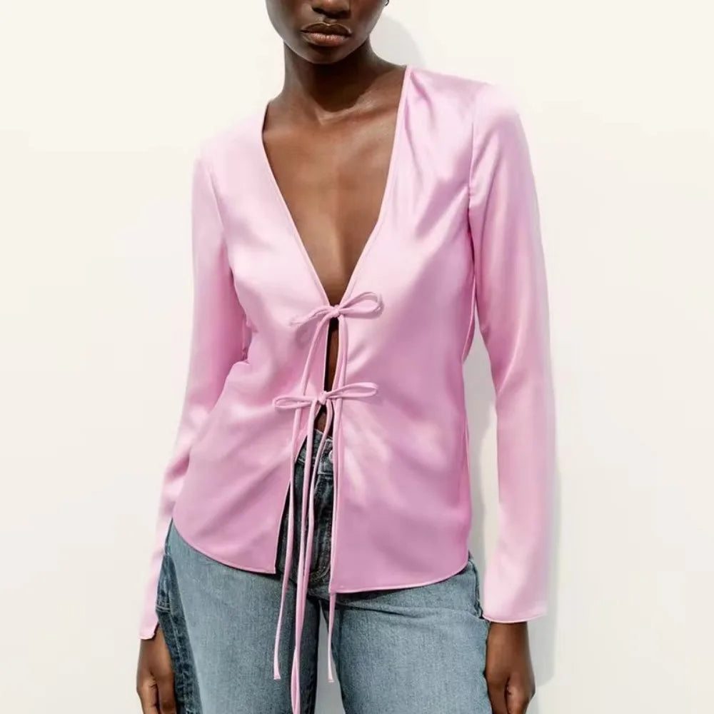 Women's Fashion V-neck Tie Up Bow Silk Satin Blouse