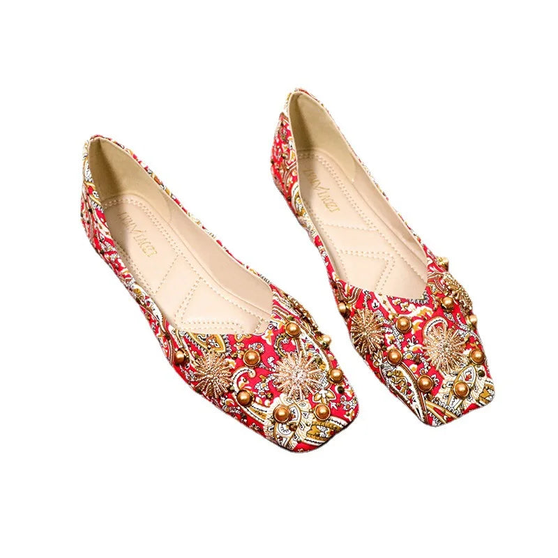 Meera Luxe Royal Red Prints Ballet Flats