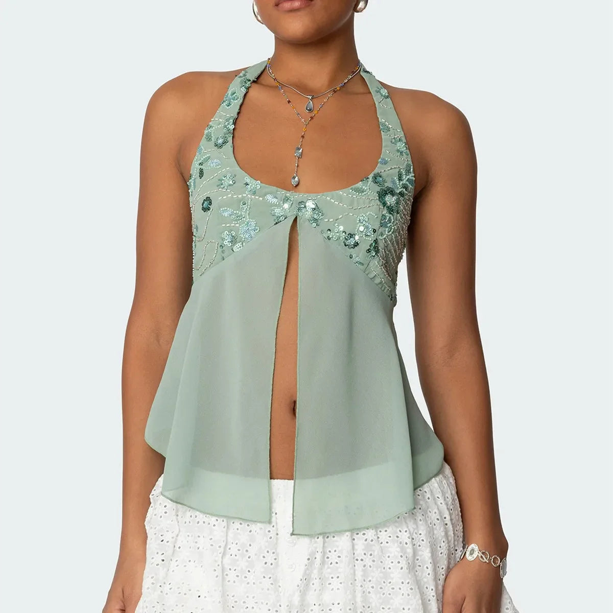 Sequin Chiffon Mesh Halter Backless Sheer Top
