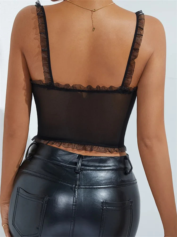 Vintage Sleeveless Strap Low-cut Backless Tie-up Embroidery Flower See-through Summer Mini Vest Crop Top