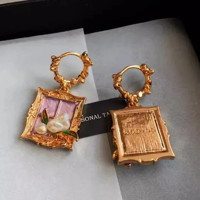 Vintage Pearl Gold Baroque Frame Flower Earrings & Necklace