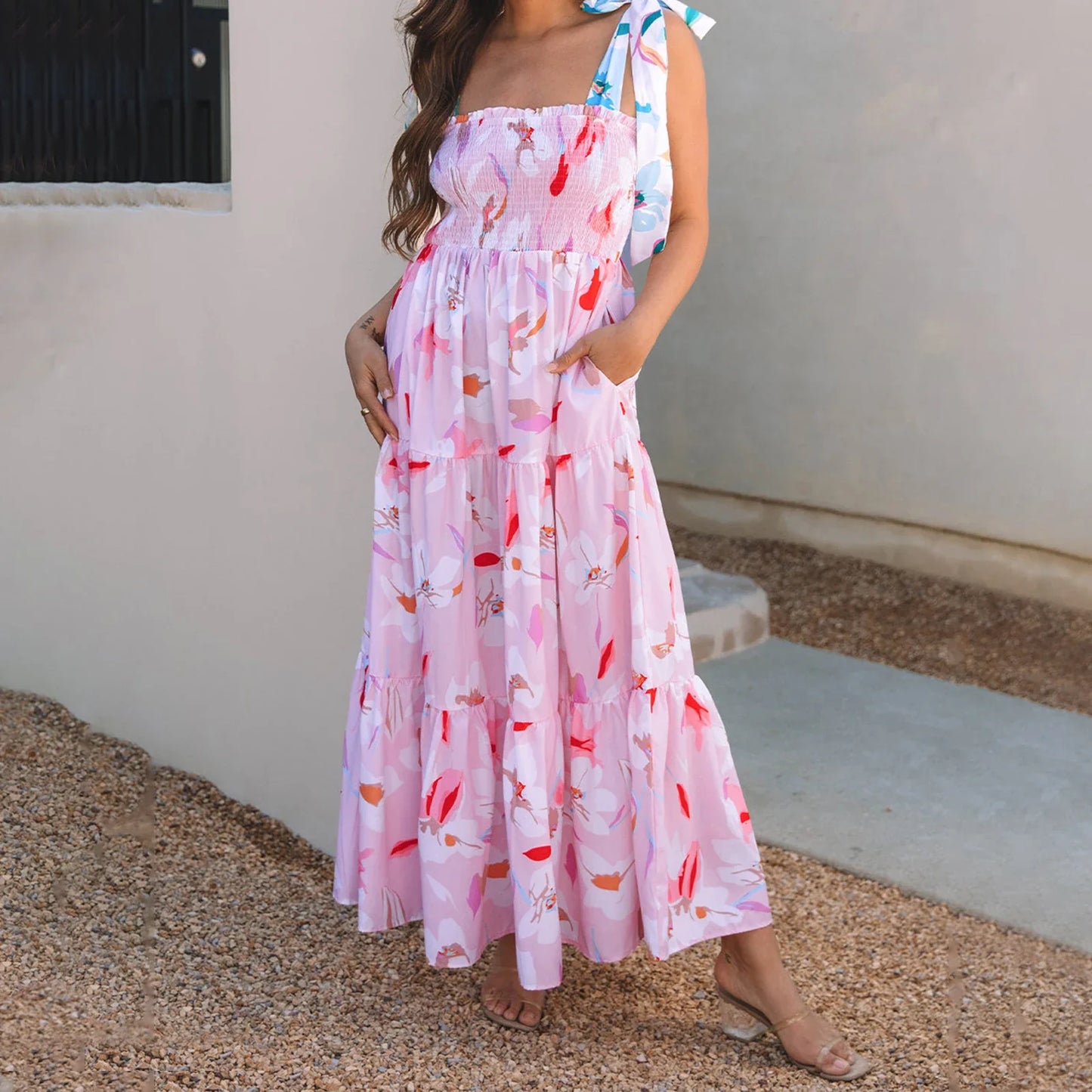 Floral Ruffle Smocked Flowy Midi Dress