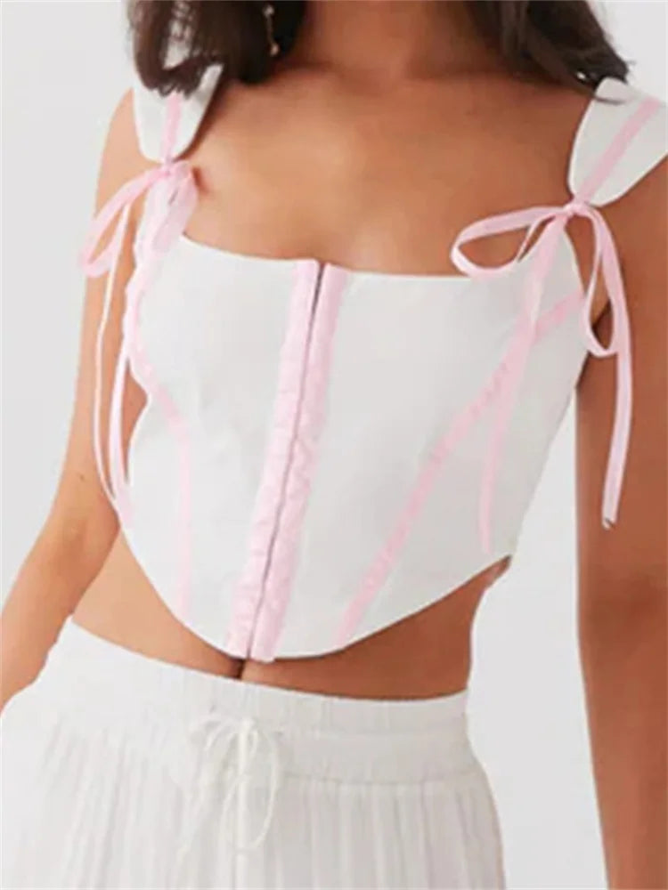 Summer Fashion White Sleeveless Tie-up Strap Front Zip Up Bow Square Neck Mini Vest Streetwear Crop Top