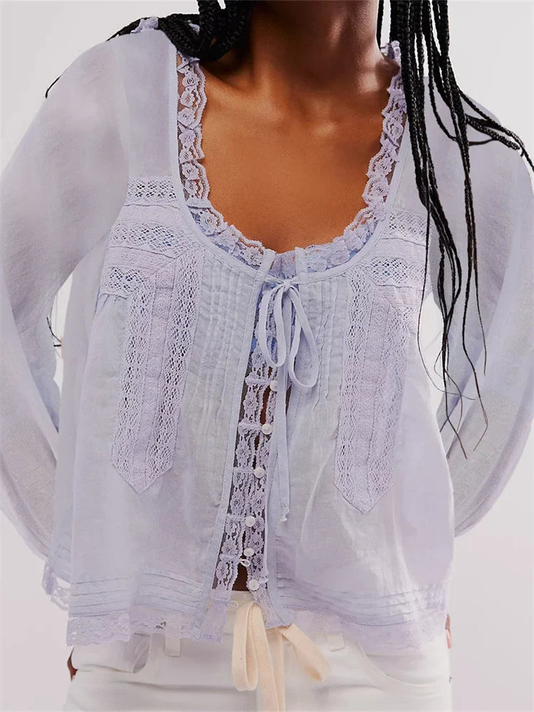 Long Sleeve Loose Casual Lace Patchwork Blouse