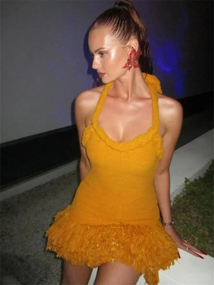 Fluff Patchwork Bandage Halter Mini Dress