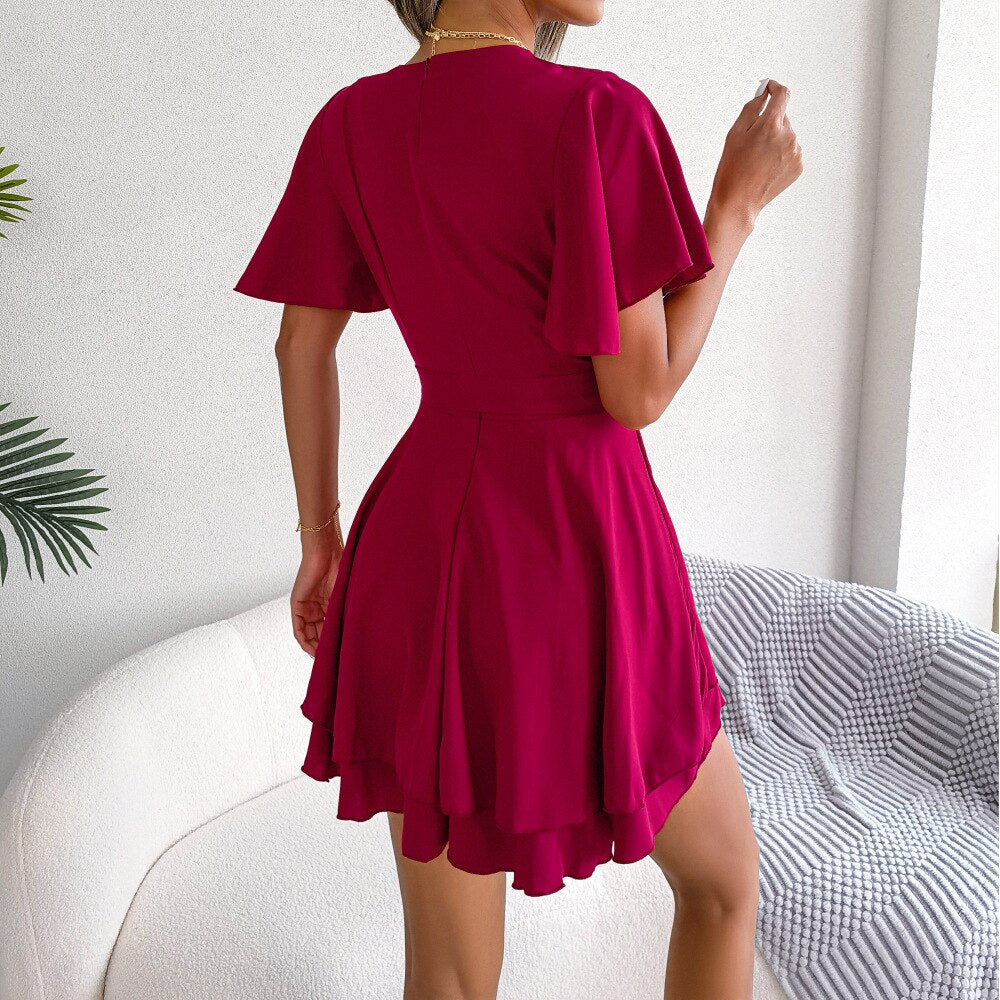 Lotus Leaf Sleeve Cross V-Neck Dress