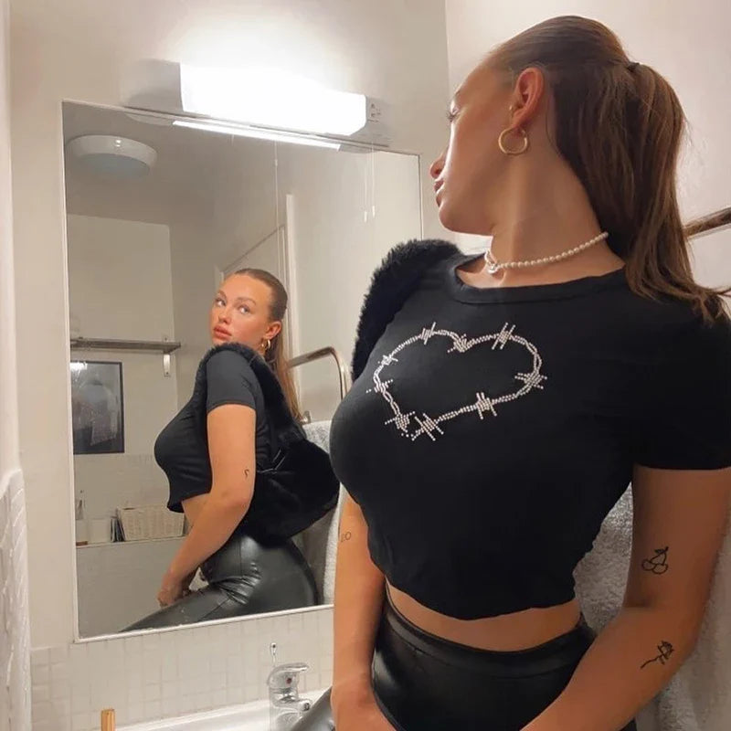 Y2K Rhinestones Graphic Slim Fit Crop Top