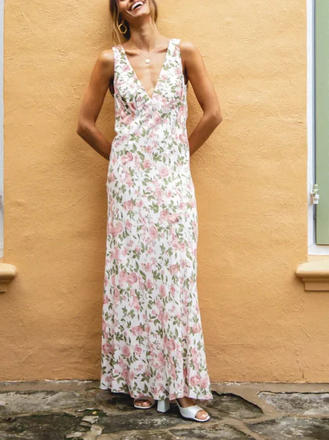 V-neck Lace-up Sleeveless Floral Dress