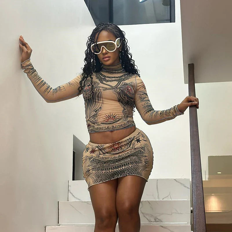 Autumn Aesthetic Print Mesh O-neck Peach Mini Two Piece Skirt Set