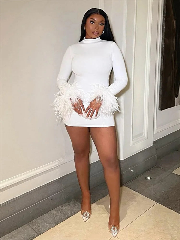 Feather Patchwork Stretch O Neck Mini Dress