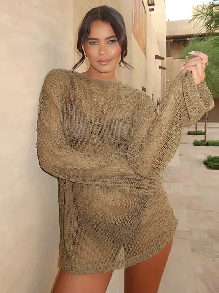 Hollow Out Long Sleeve Mesh Sheer Top