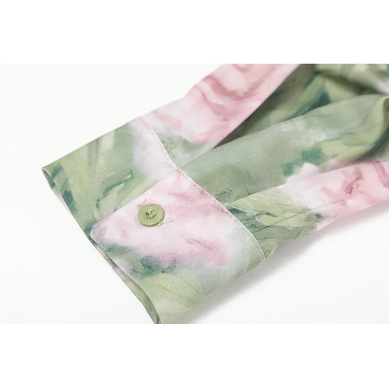 Vintage Green Flower Print Shirts Blouses