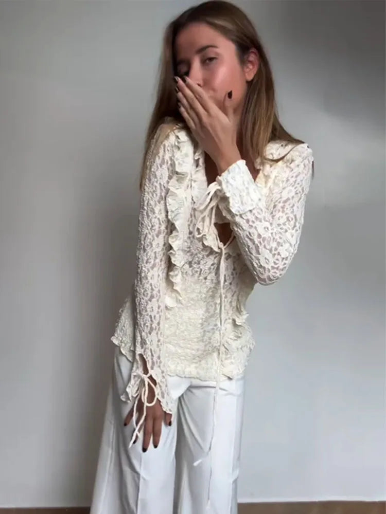 Spring Fashion V-neck Solid Lace Laminated Blouse