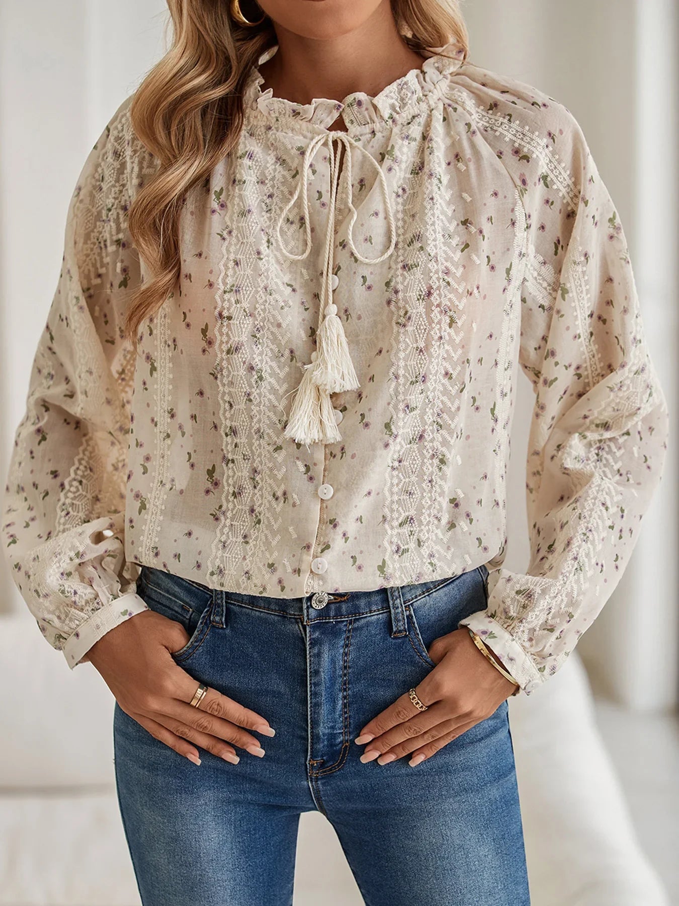 Boho Floral Printed Tassel Blouse