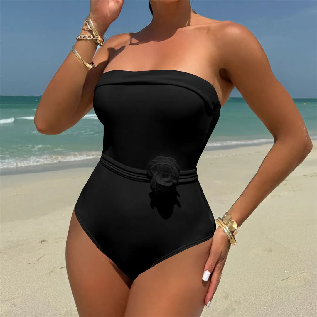 3D Flower Belt Bandeau High Leg One Piece Swimwear