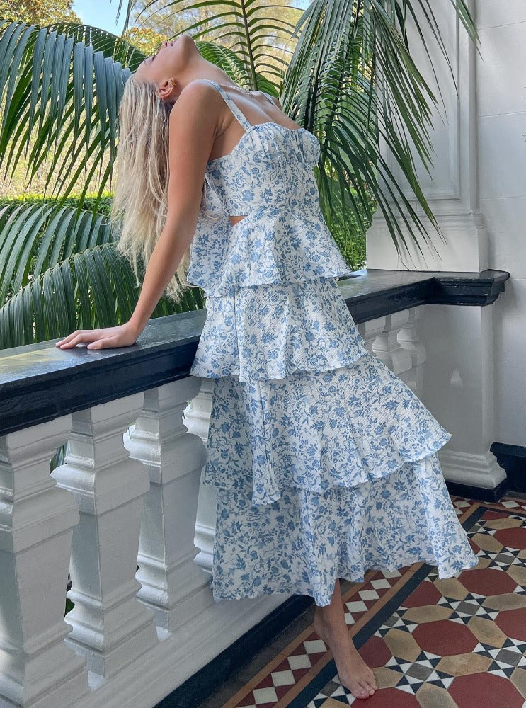 Provence Bloom Tiered Maxi Dress - Floral Blue