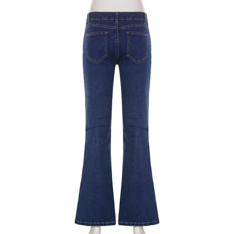 Star Printed Streetwear Vintage Low Waist Pockets Blue Denim Skinny Flare Jeans