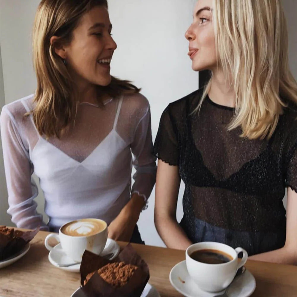 Mesh Long Sleeve Sheer Top