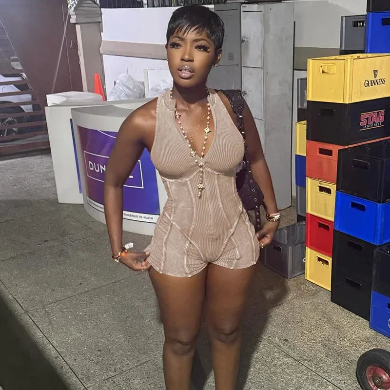 Zipper Striped Sleeveless Sporty Romper