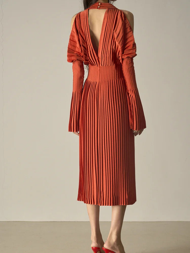 Mariella Elegant Pleated Off Shoulder Midi Dress