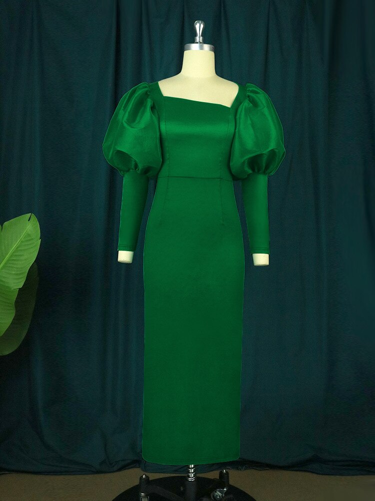 Green Long Dresses Square Collar Lantern Sleeve Evening Party Gowns