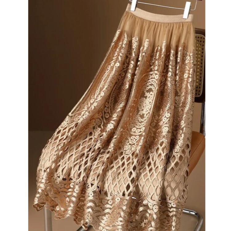 Wylla Metallic Embroidery Lace Tulle Midi Skirt