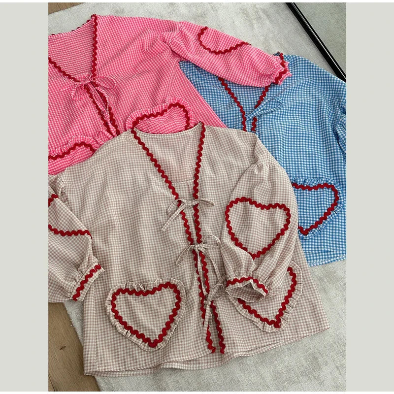 Claire Heart Applique Gingham Shirt Blouse