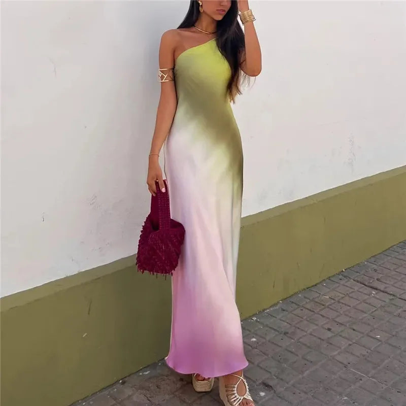 Tie Dye Satin Asymmetrical Midi Summer Dress