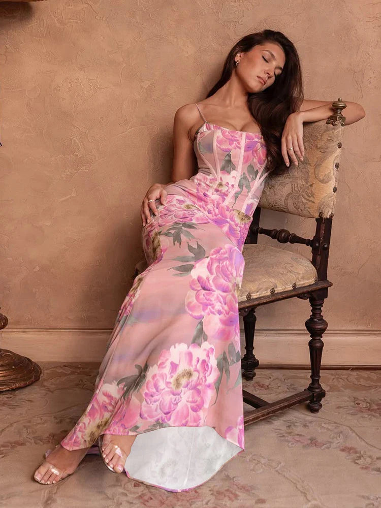 Dot Halter Slim Cleavage Floral Dress