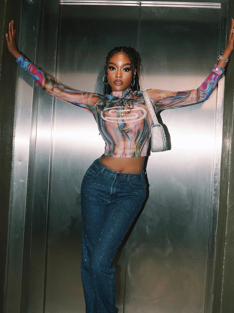 Tie Dye Print Long Sleeve Sheer Top