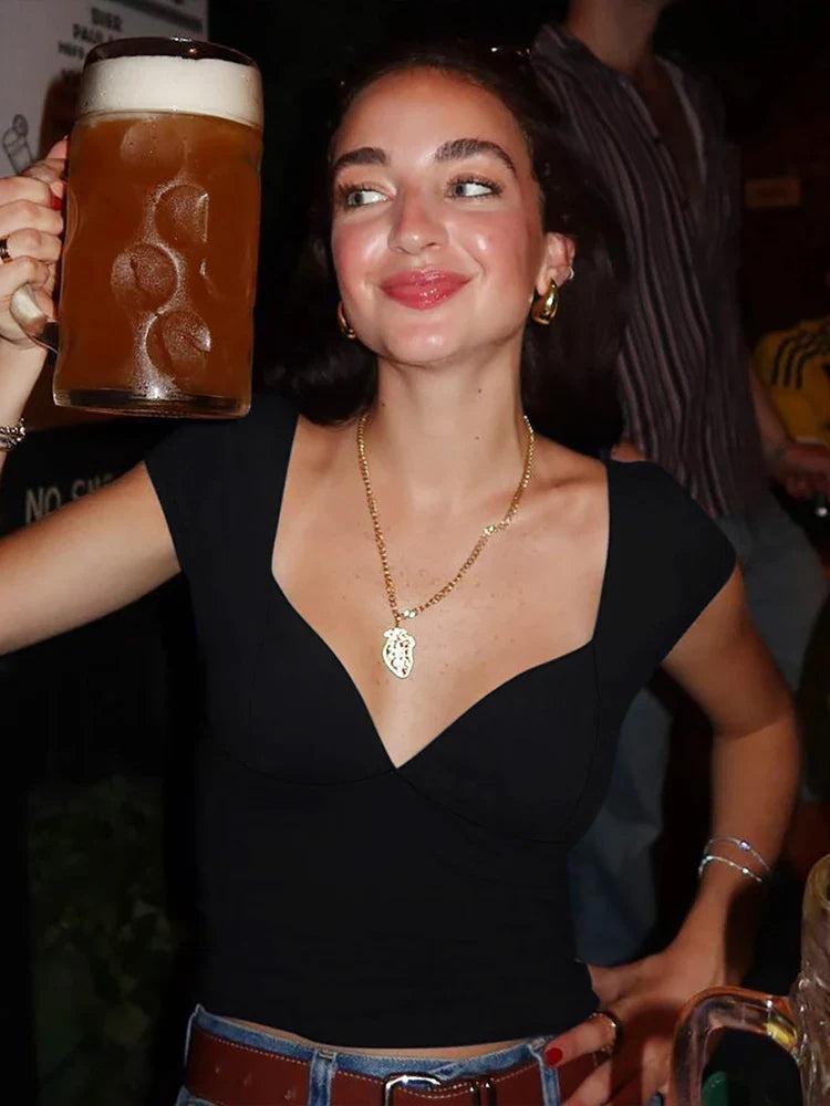 V-Neck Snap Sleeve Classic Crop Top