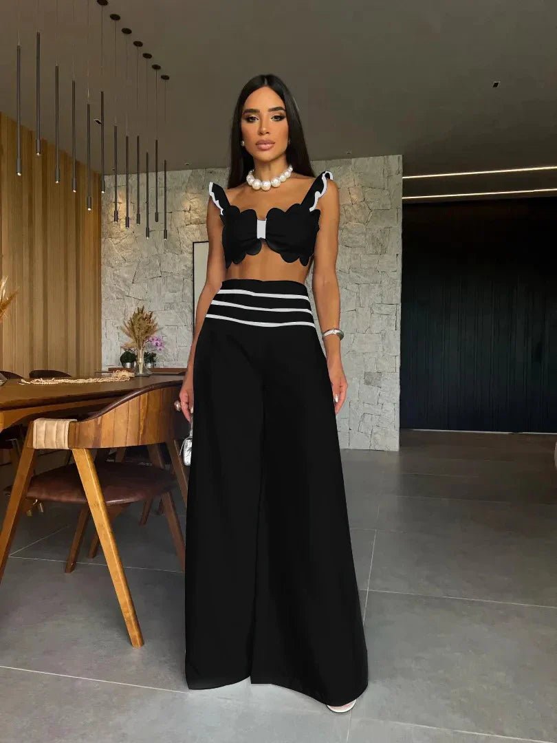 Deep V Square Collar Wide Leg Two Piece Pants Set